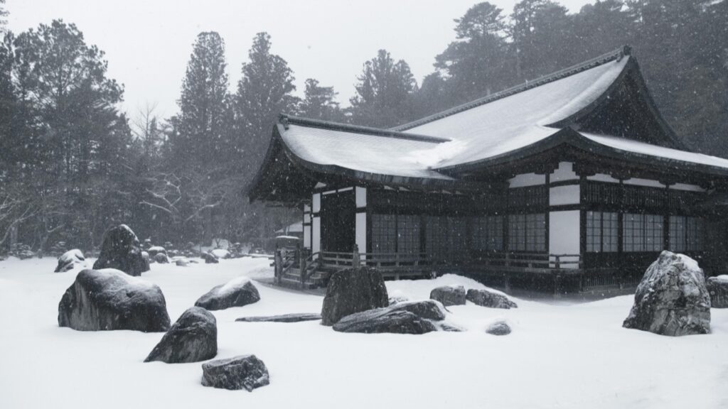 雪に覆われた美しい日本の伝統的な建物が映し出されています。周りの石や木々も雪に包まれ、幻想的な景色を作り出しています。もしライブストリーミングでお金を稼ぎたいなら、「Bigo Liveでお金を稼ぐ方法」をチェックしてみましょう。
